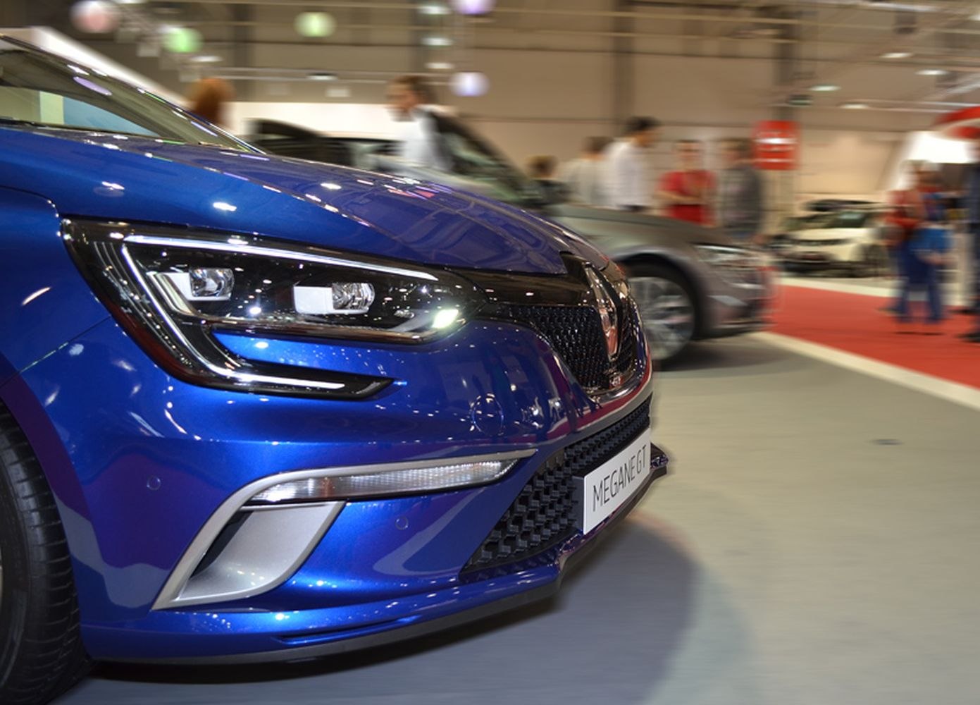 Close-up of front grille and LED headlights