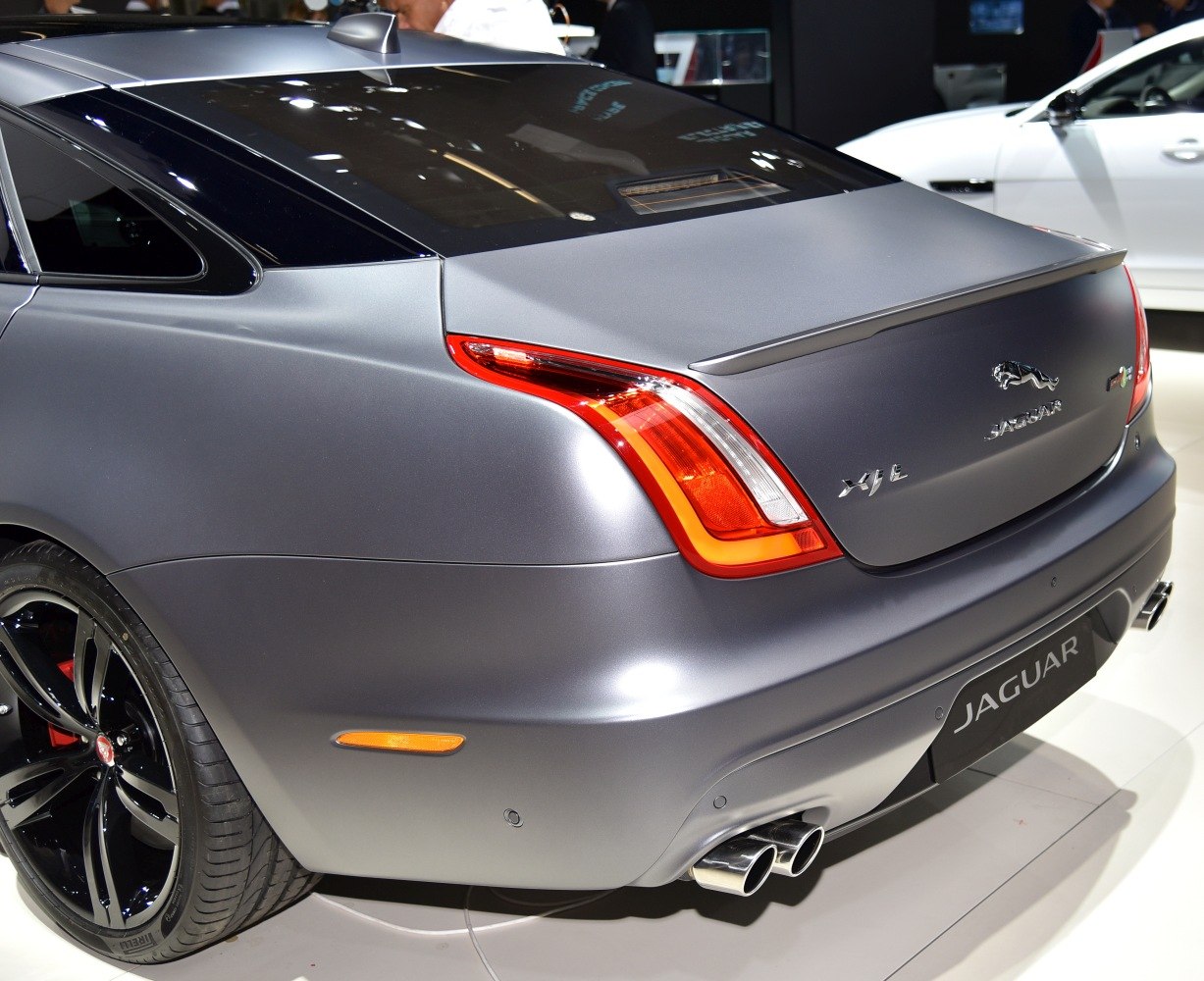 Matte gray rear with LED tail lights and dual exhaust pipes