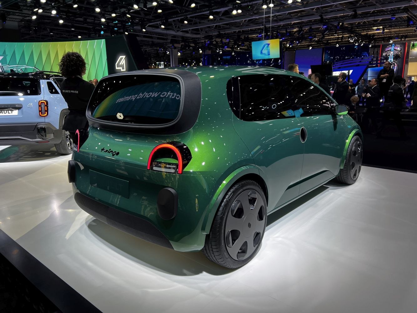 Rear view of an electric compact hatchback with unique taillights and aerodynamic contours