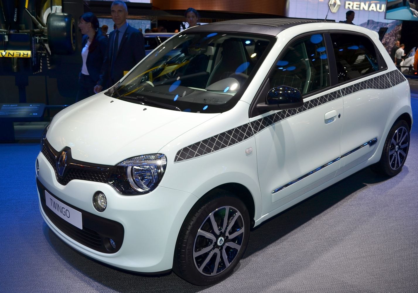 Compact hatchback with distinctive black patterned side stripe