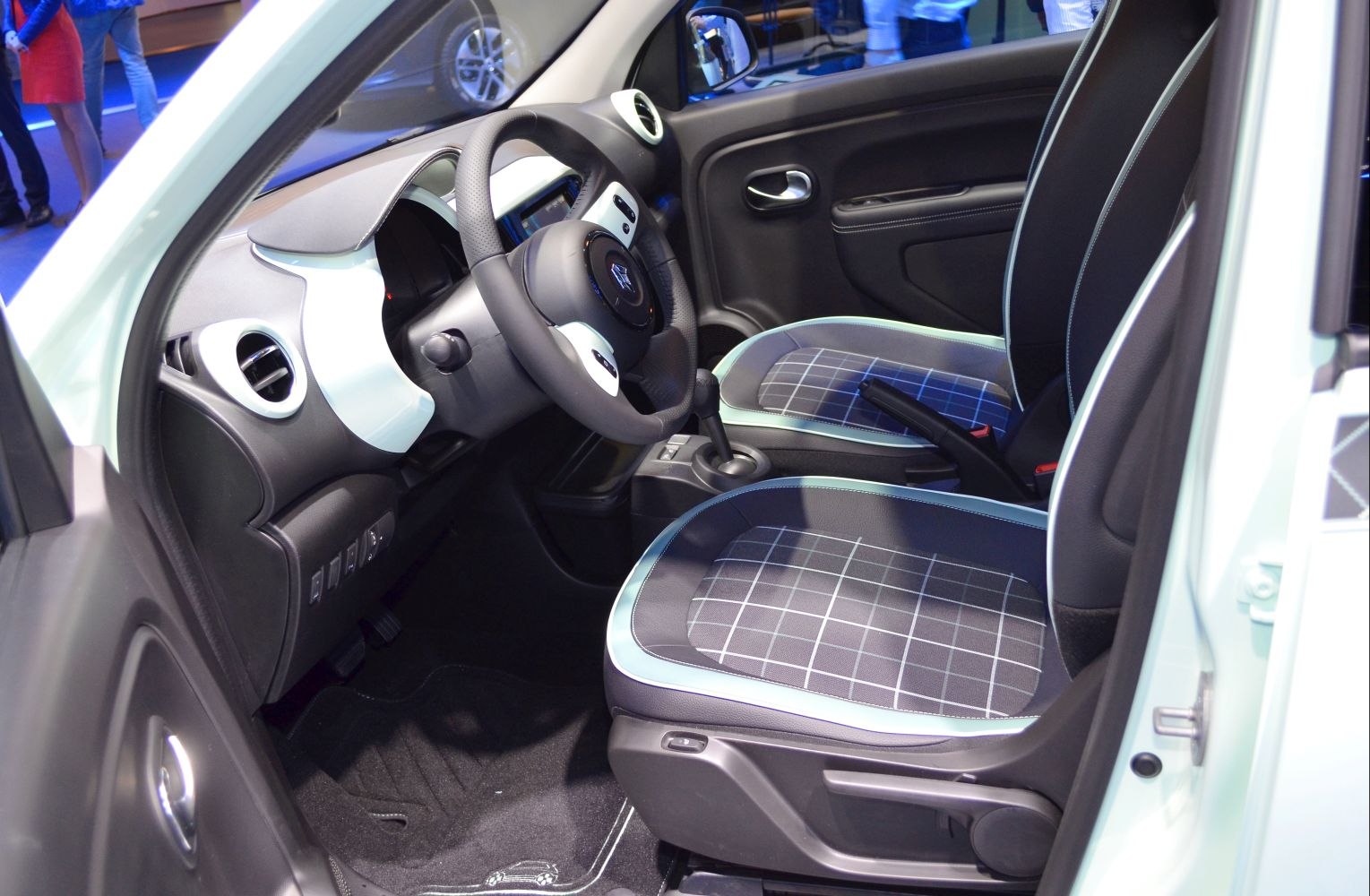 Dashboard and front seats with patterned upholstery