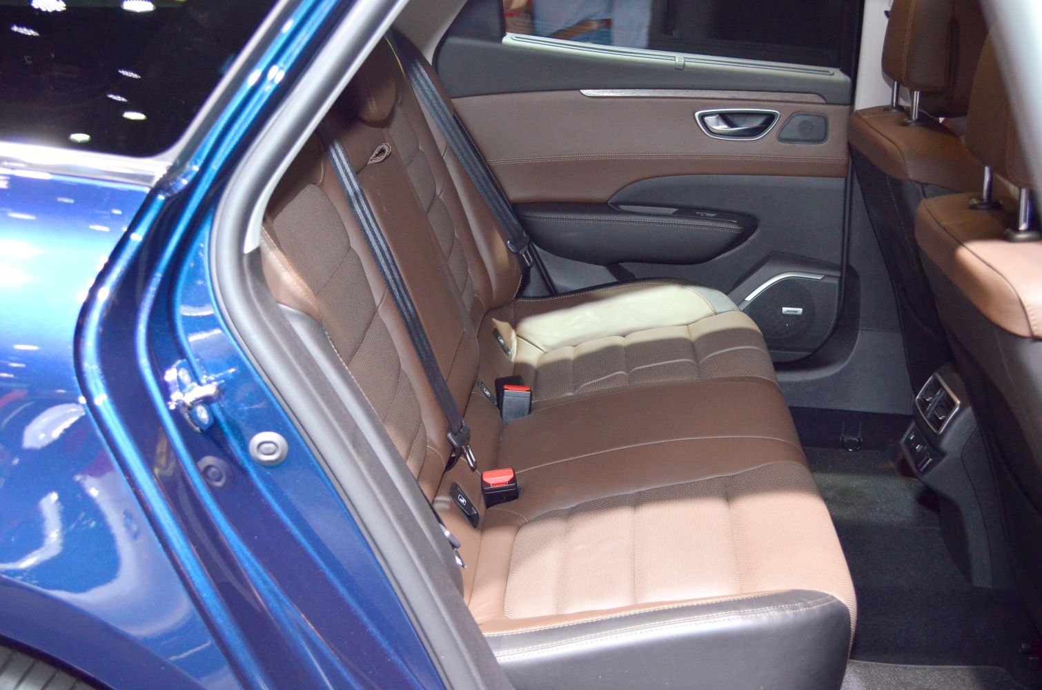 Rear passenger seats and interior door panel with brown leather upholstery