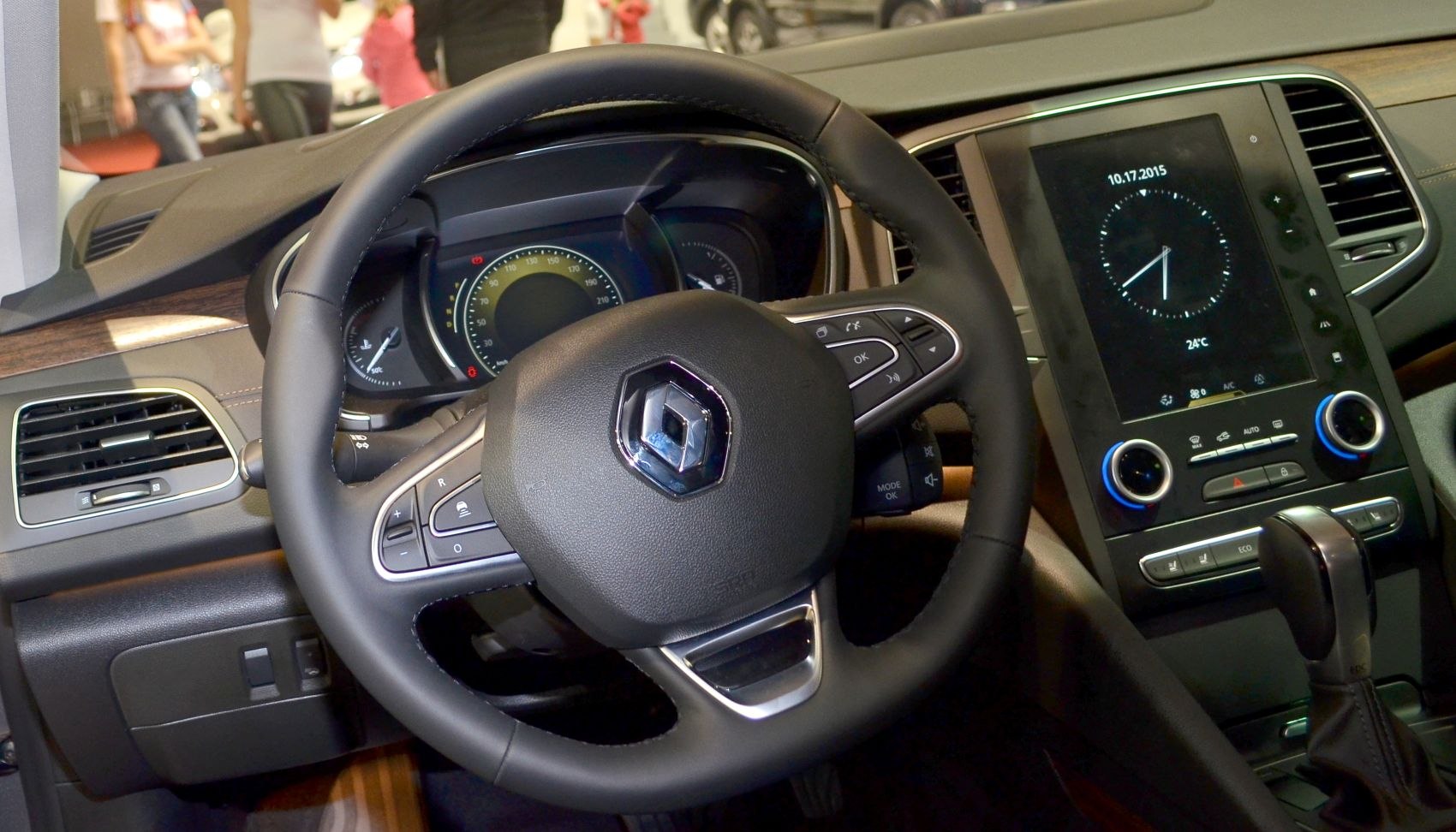 Steering wheel and infotainment touchscreen display with climate controls