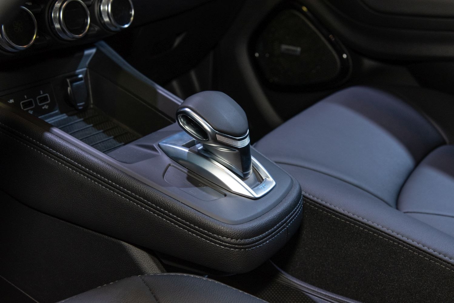 Close-up of gear shift lever and center console
