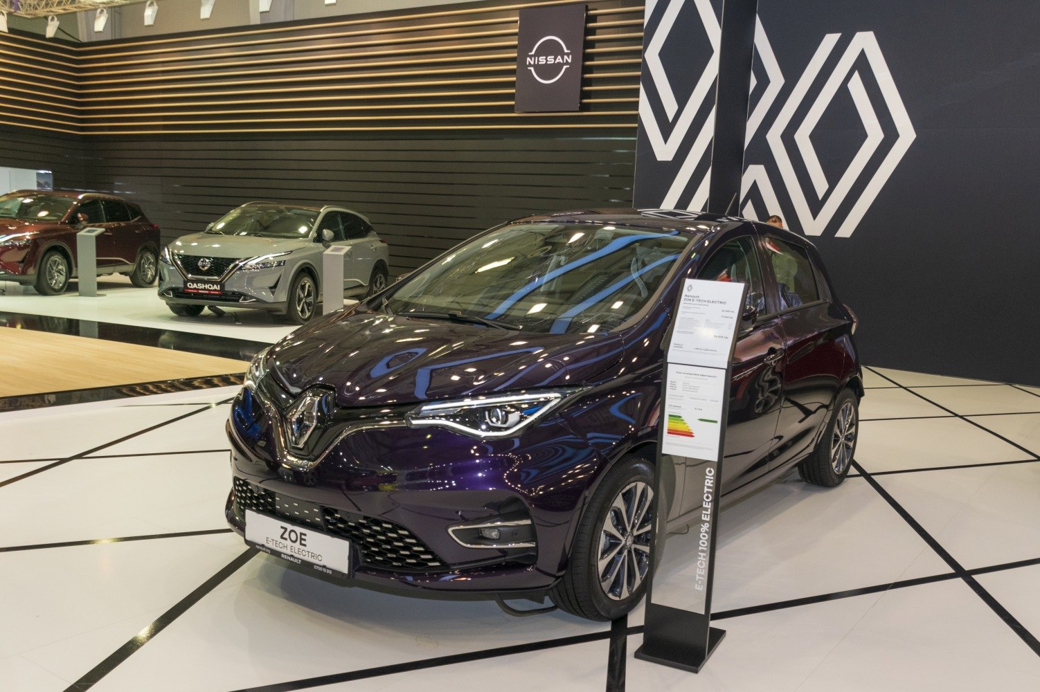 Front view of electric hatchback with LED headlights and sleek design