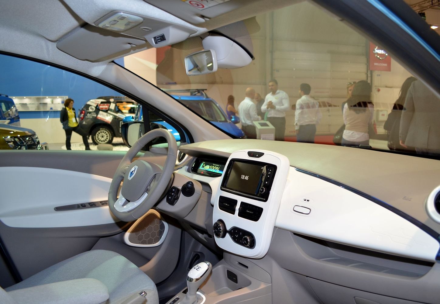 Modern car interior with touchscreen and steering wheel