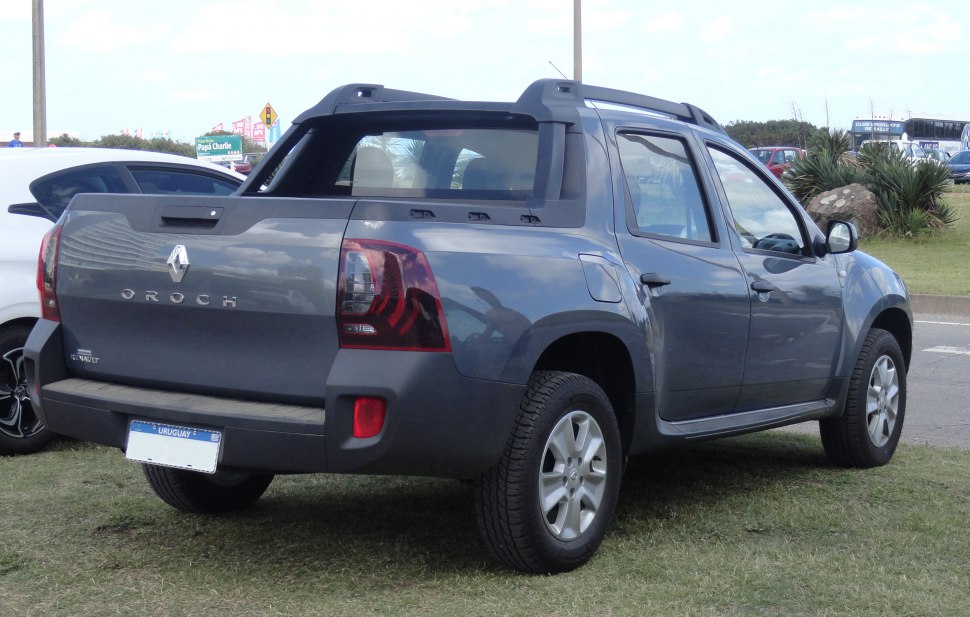 Rear view of pickup truck with tailgate and rugged design