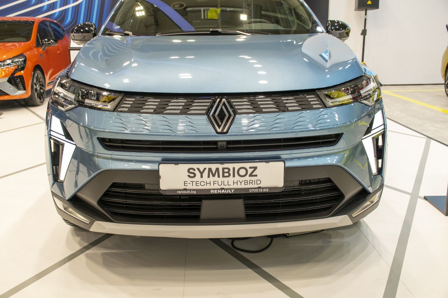 Close-up of front grille and headlights
