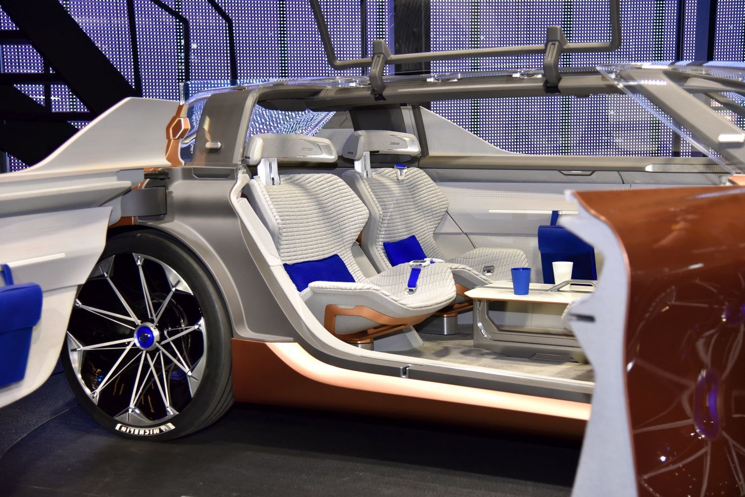 Futuristic concept car interior with innovative seating and spacious cabin