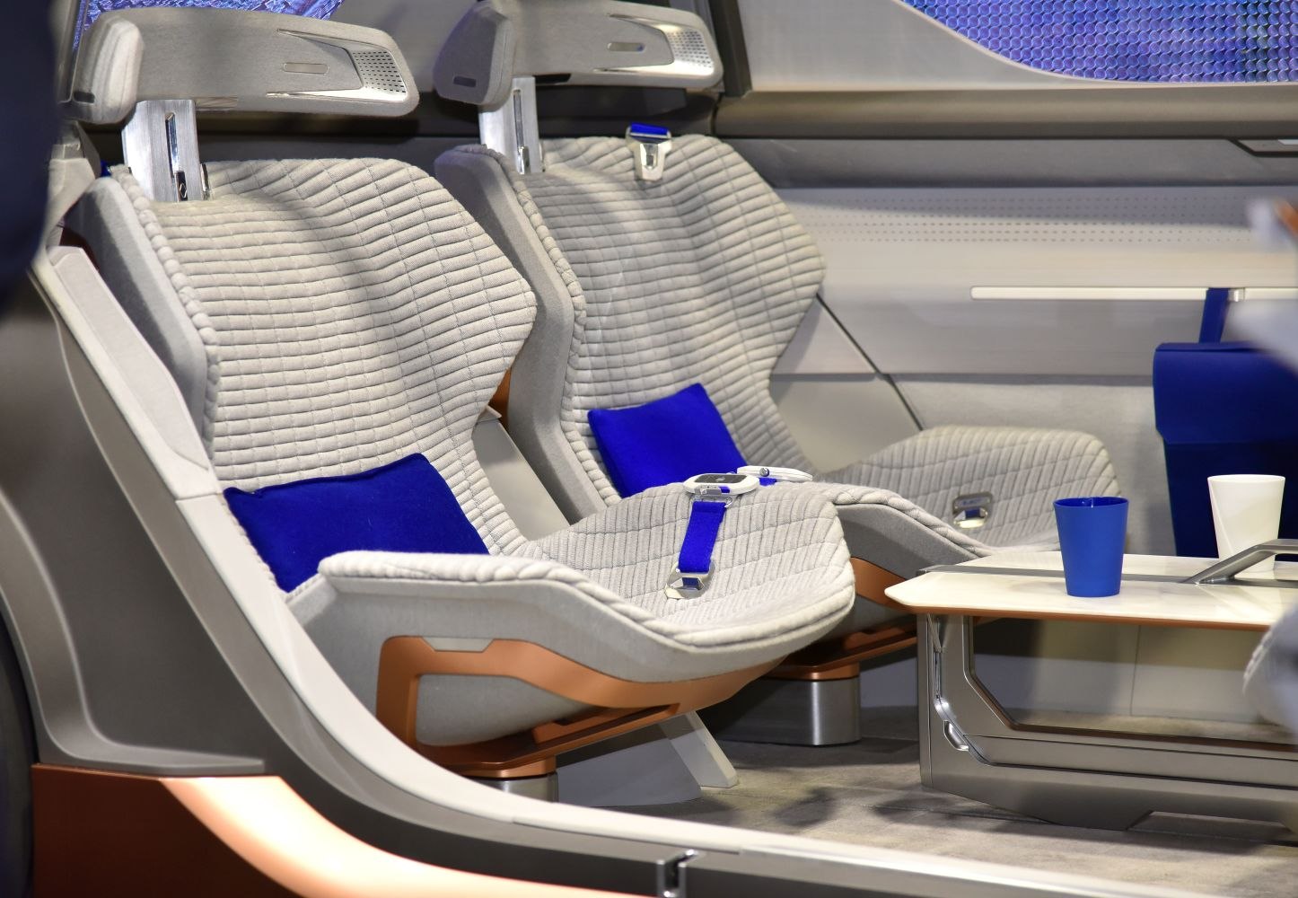 Futuristic sculpted seats with blue accent pillows and adjustable headrests