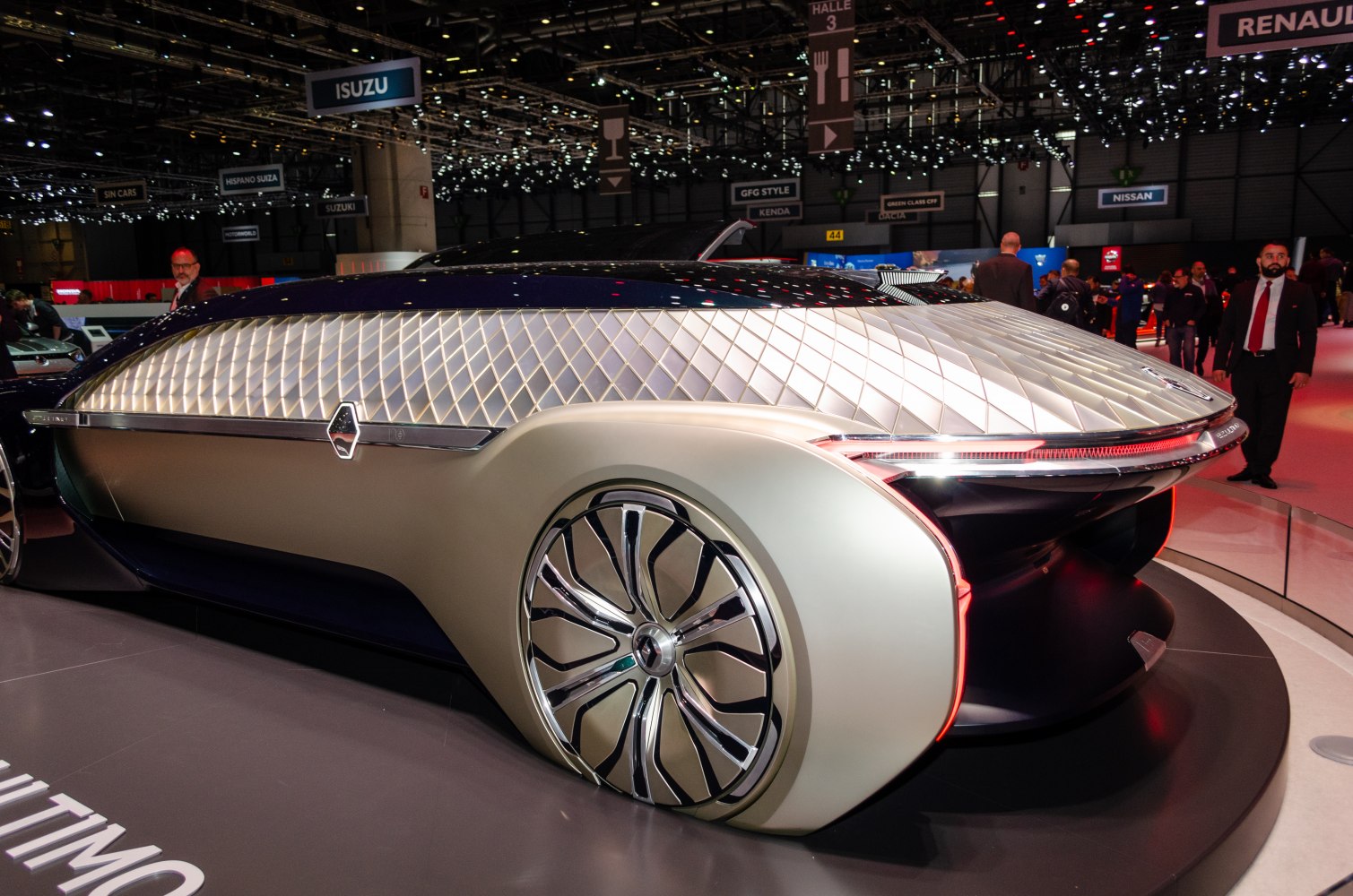 Futuristic sedan with aerodynamic shape and geometric side panels