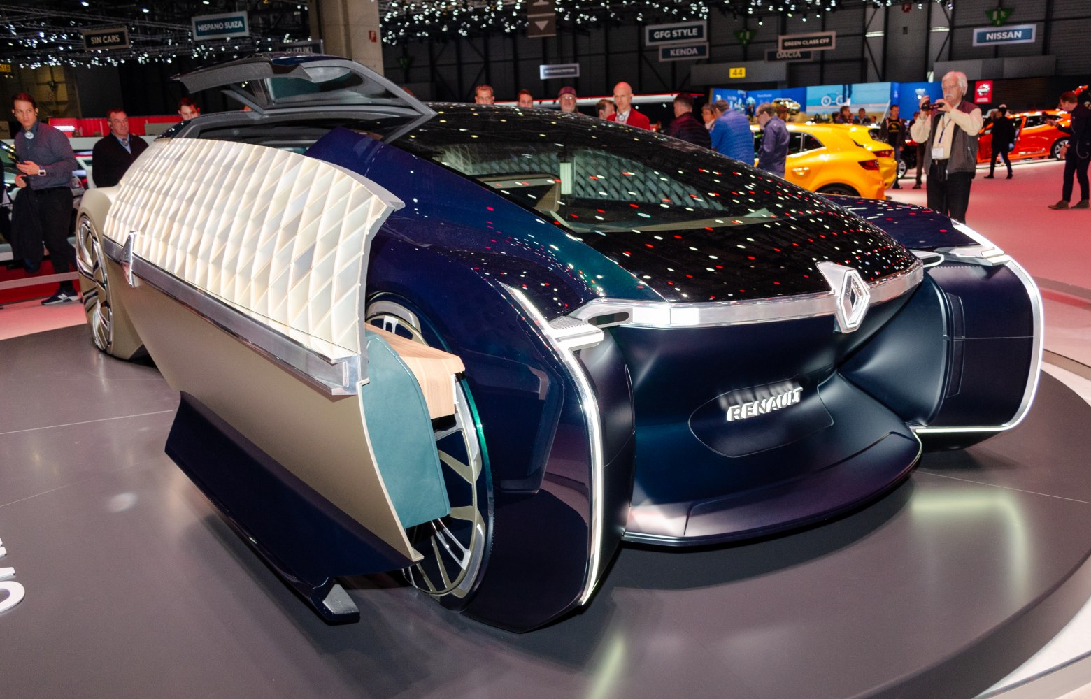 Futuristic luxury electric vehicle with gull-wing doors and sleek design