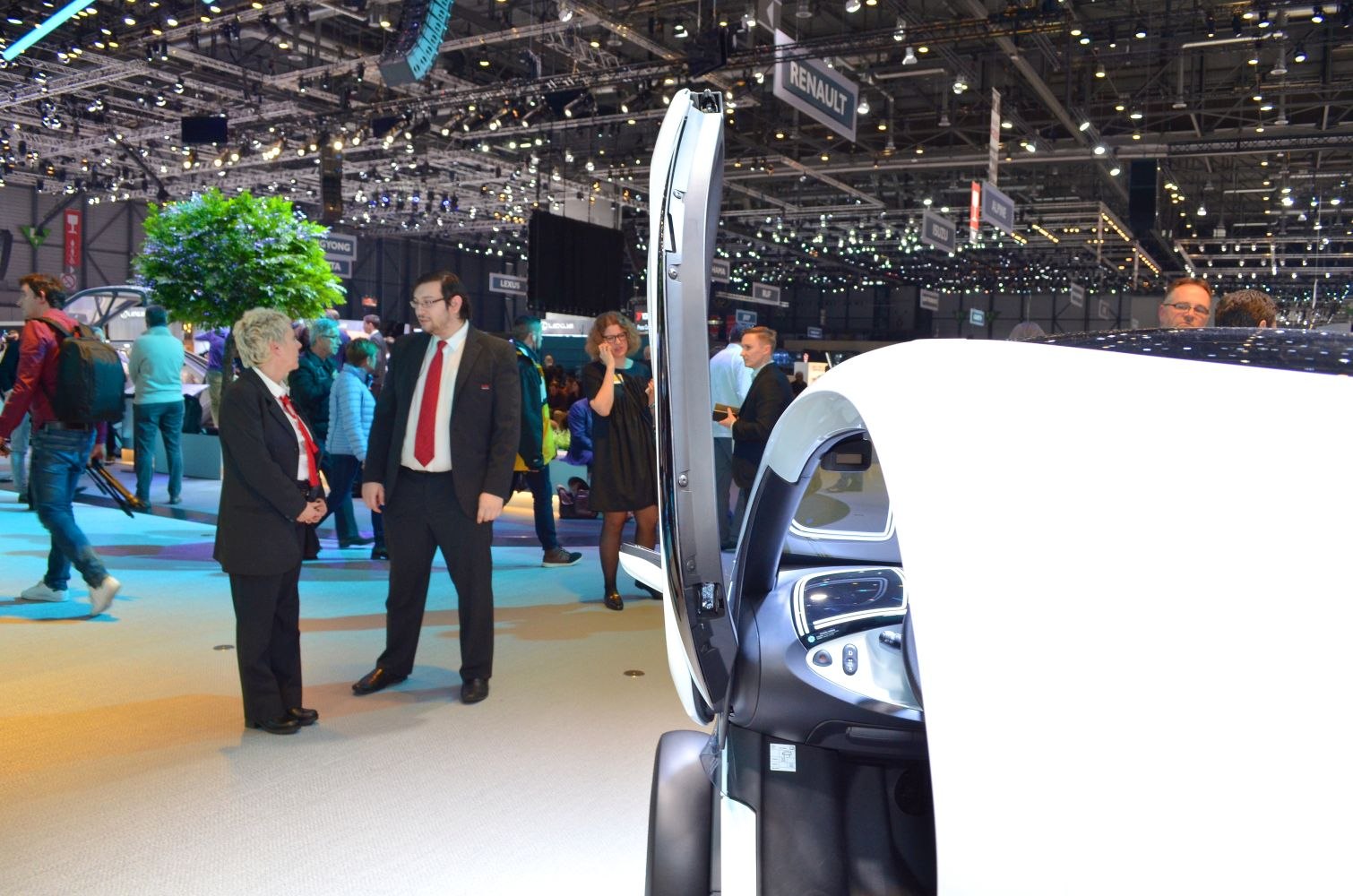 Electric microcar with vertical upward opening door