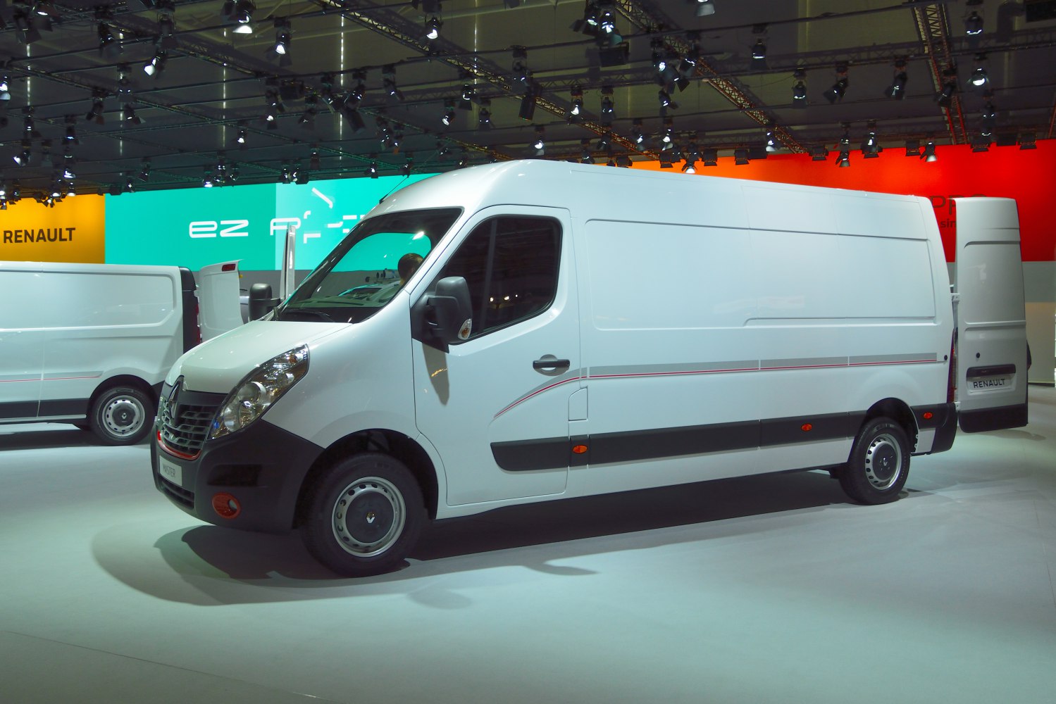 White large panel van with side and rear view, open rear door