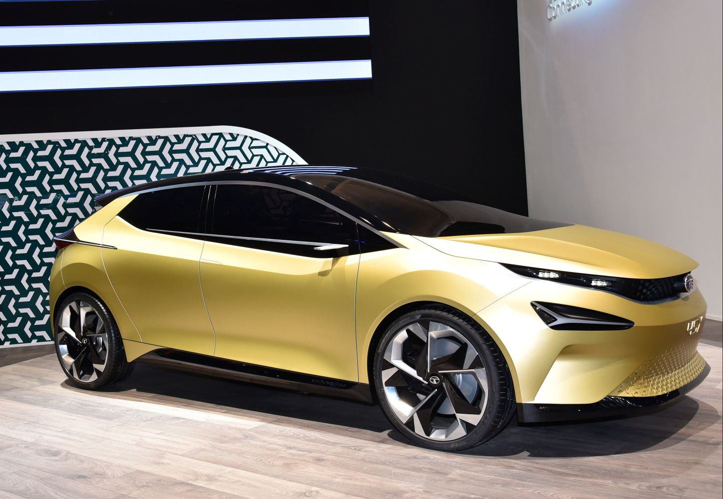 Sleek electric hatchback with aerodynamic shape and LED headlights