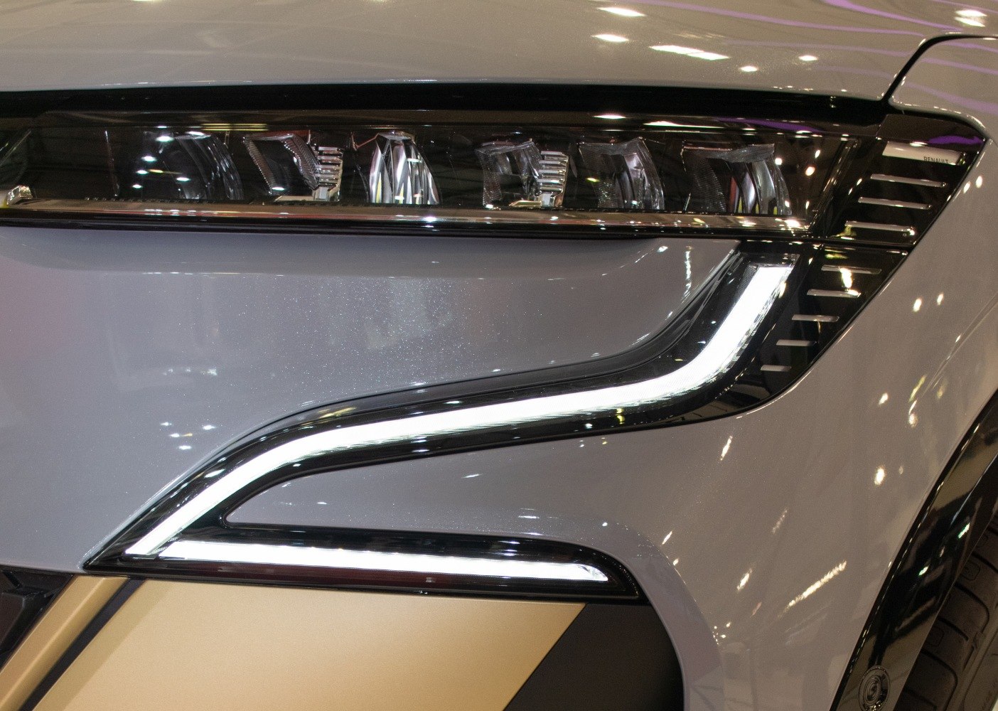 Close-up of LED headlight with signature daytime running light design