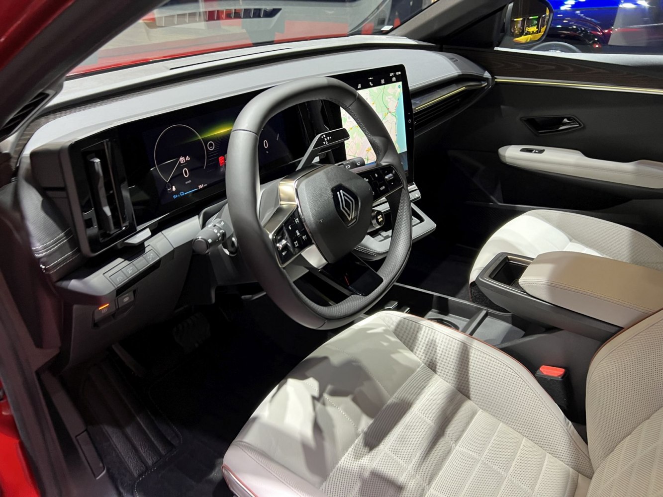 Digital dashboard and touchscreen infotainment in electric vehicle interior