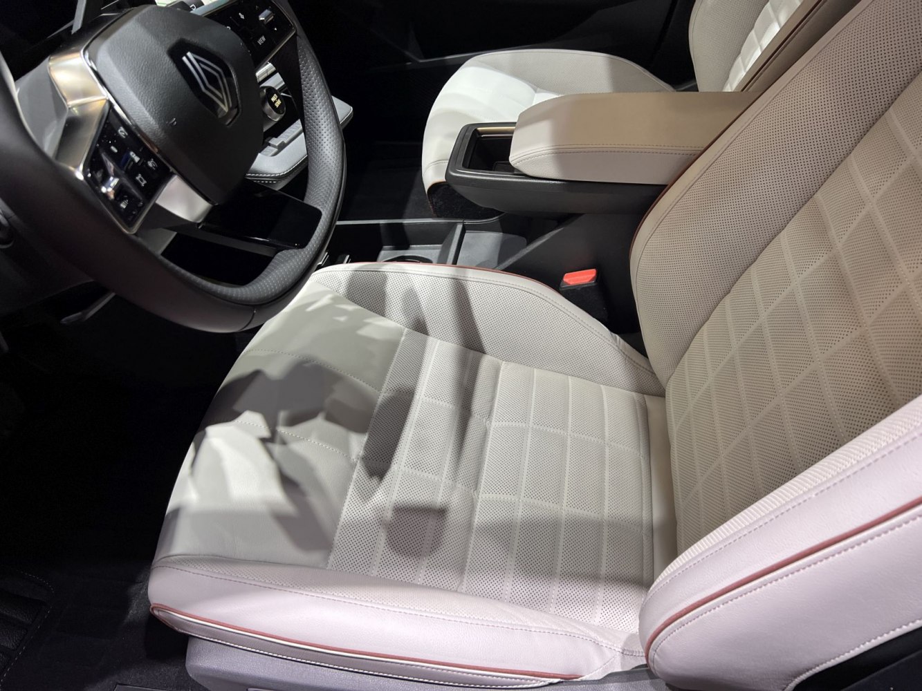 Perforated leather seat and steering wheel with controls