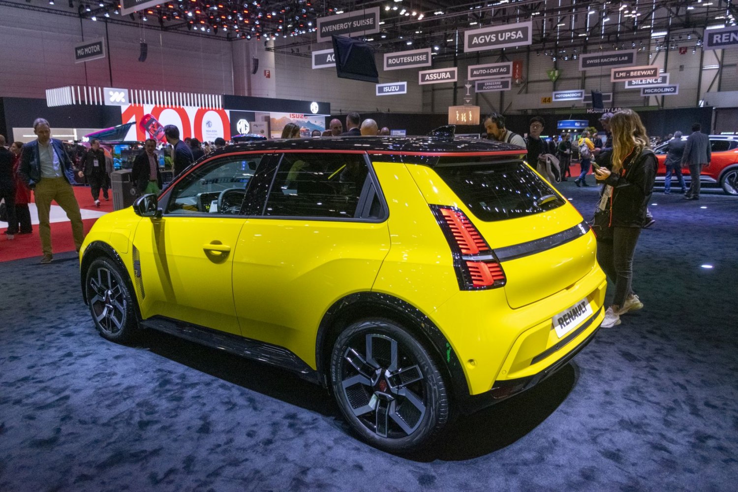 Rear and side view of electric hatchback with distinctive tail lights