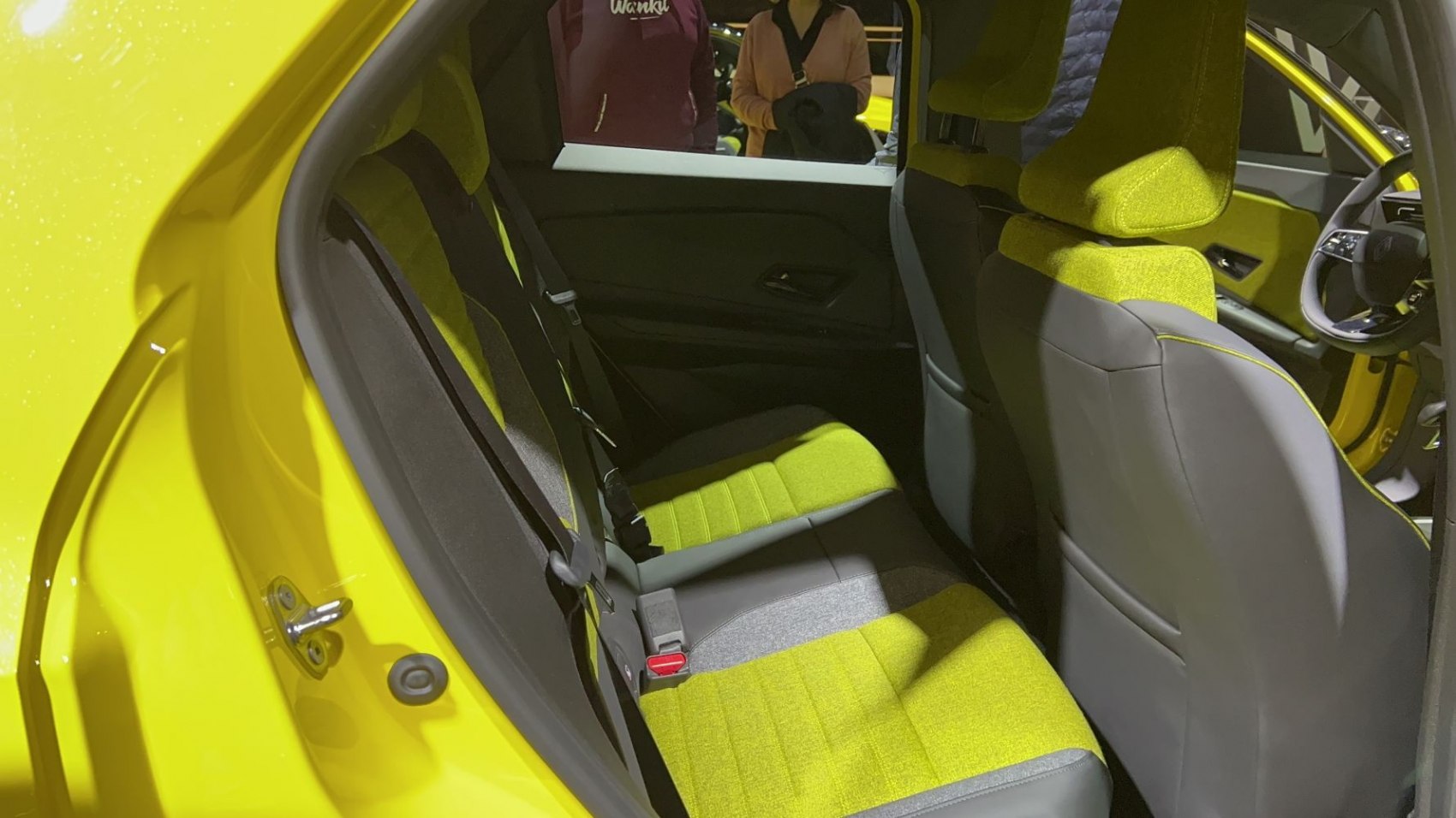 Rear seats and door panel with vibrant upholstery