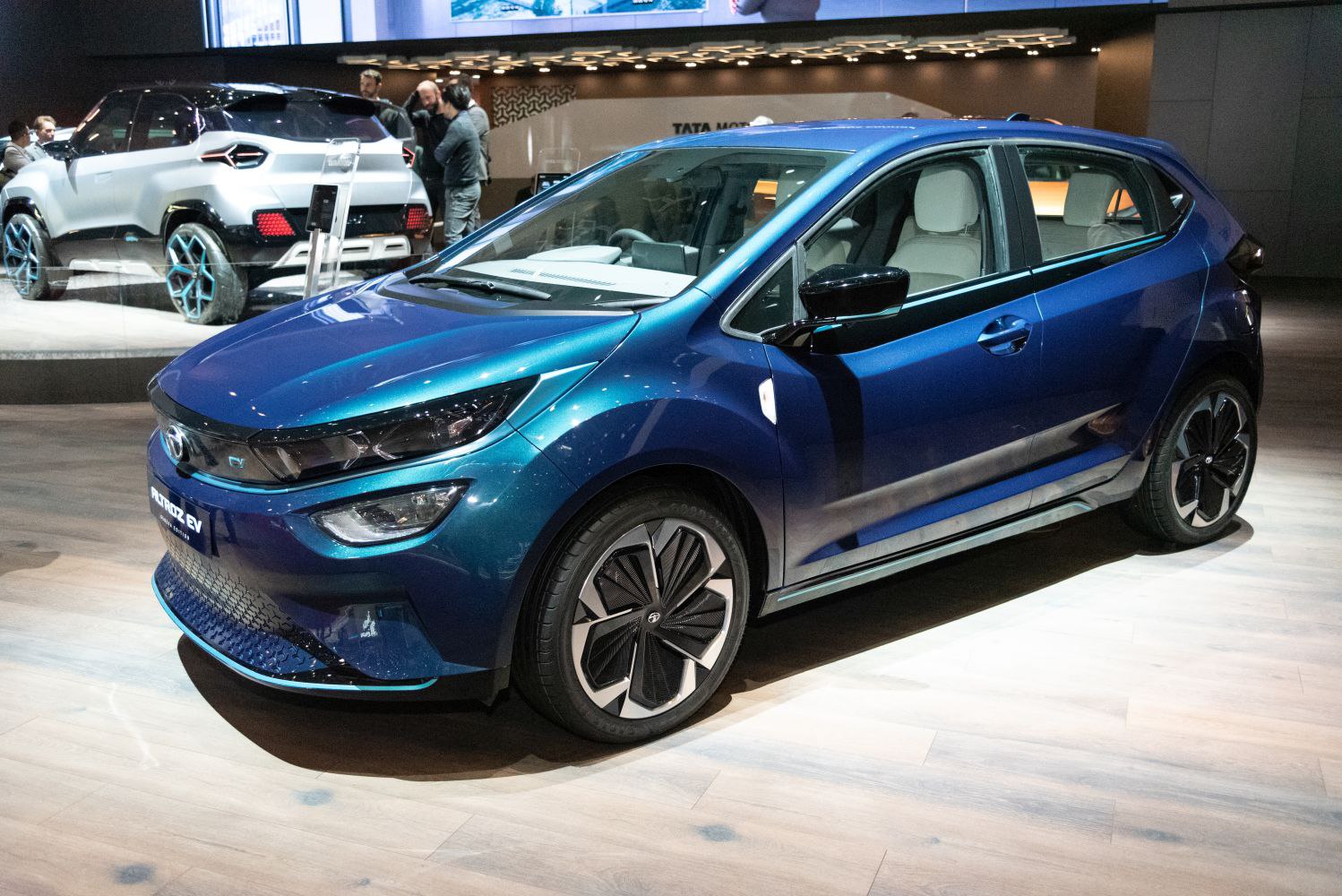 Sleek electric hatchback with aerodynamic design and modern wheels