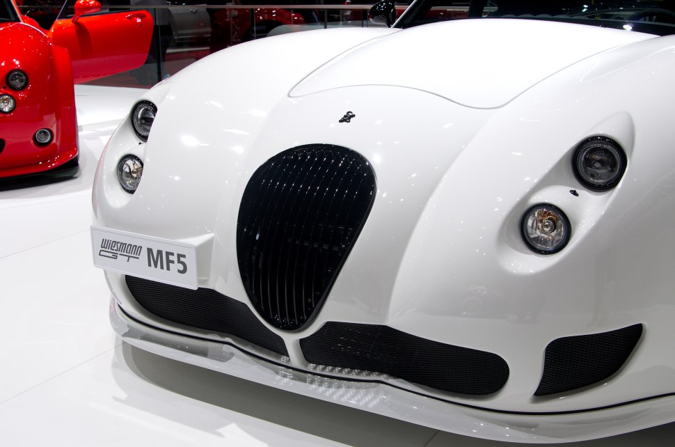 Close-up of front grille with dual round headlights on luxury sports car.