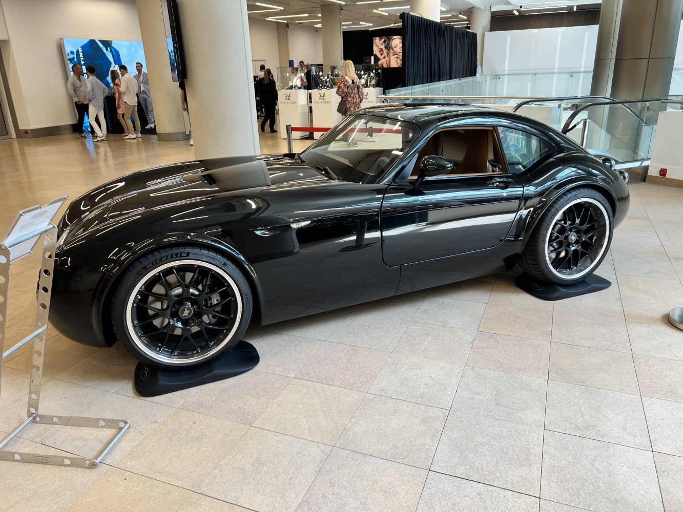 Aerodynamic black sports coupe with multi-spoke alloy wheels