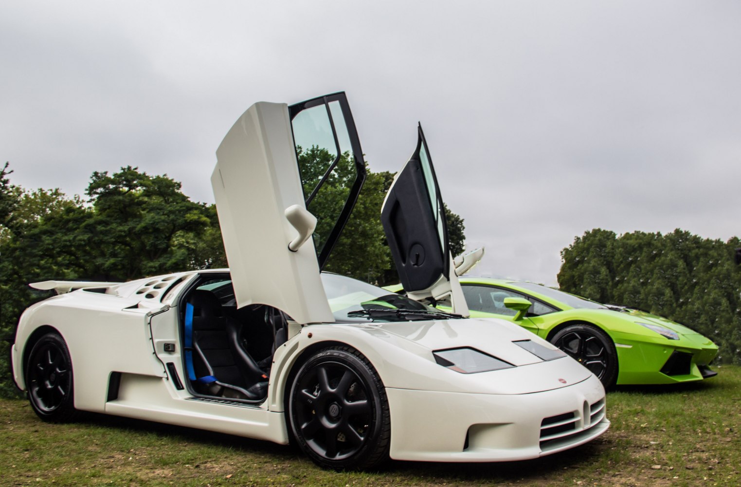 White luxury sportscar with scissor doors and black rims