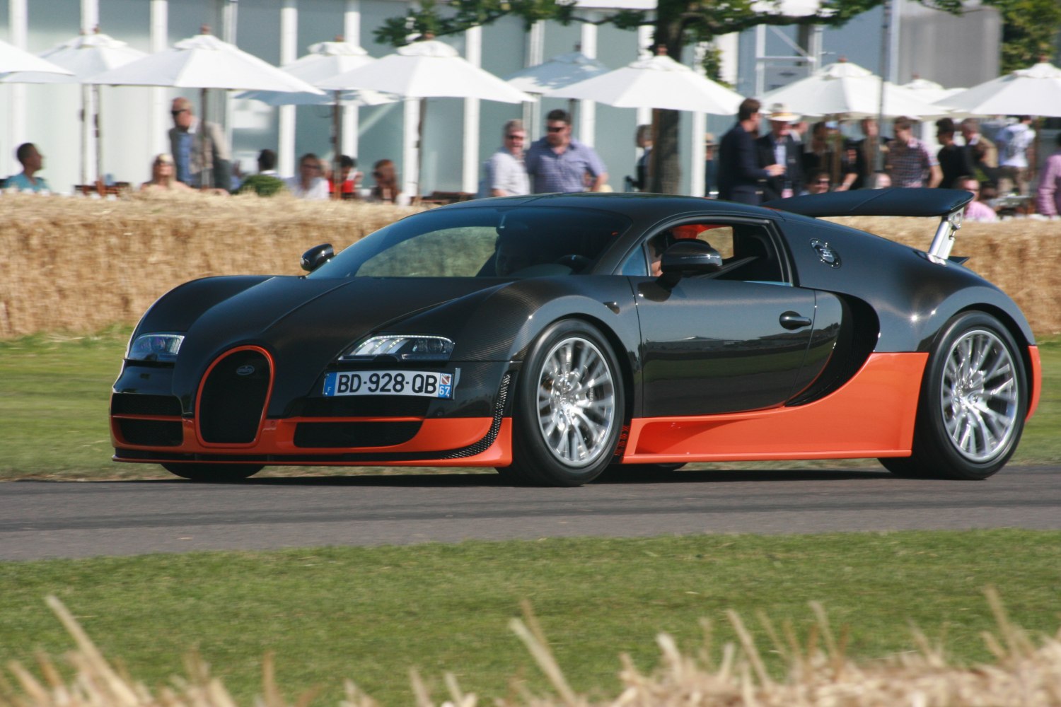 Two-tone sports coupe with rear wing spoiler and aerodynamic features