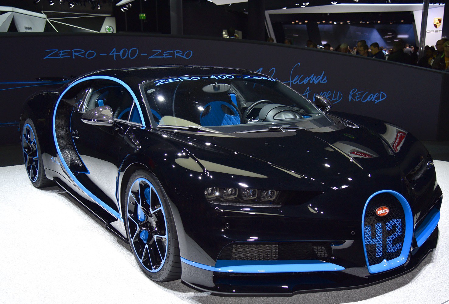 High-performance sports car with blue accents and aerodynamic design