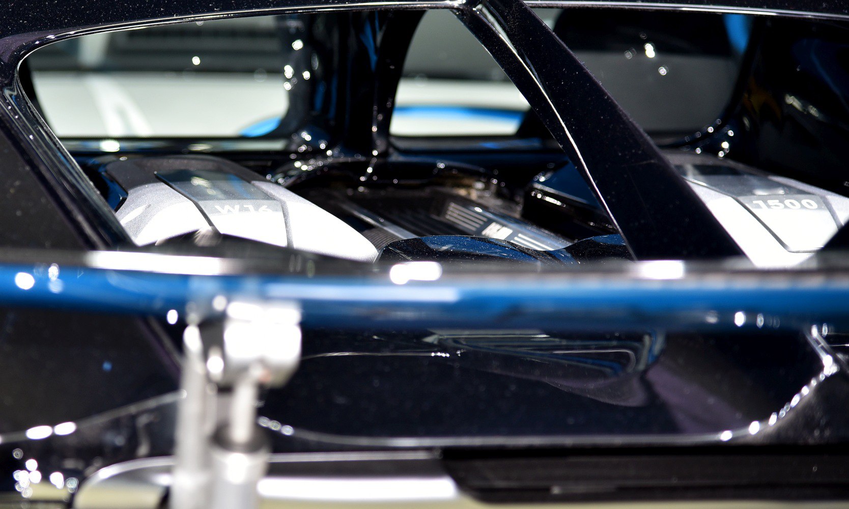 Close-up of a W16 engine with 1500 horsepower label