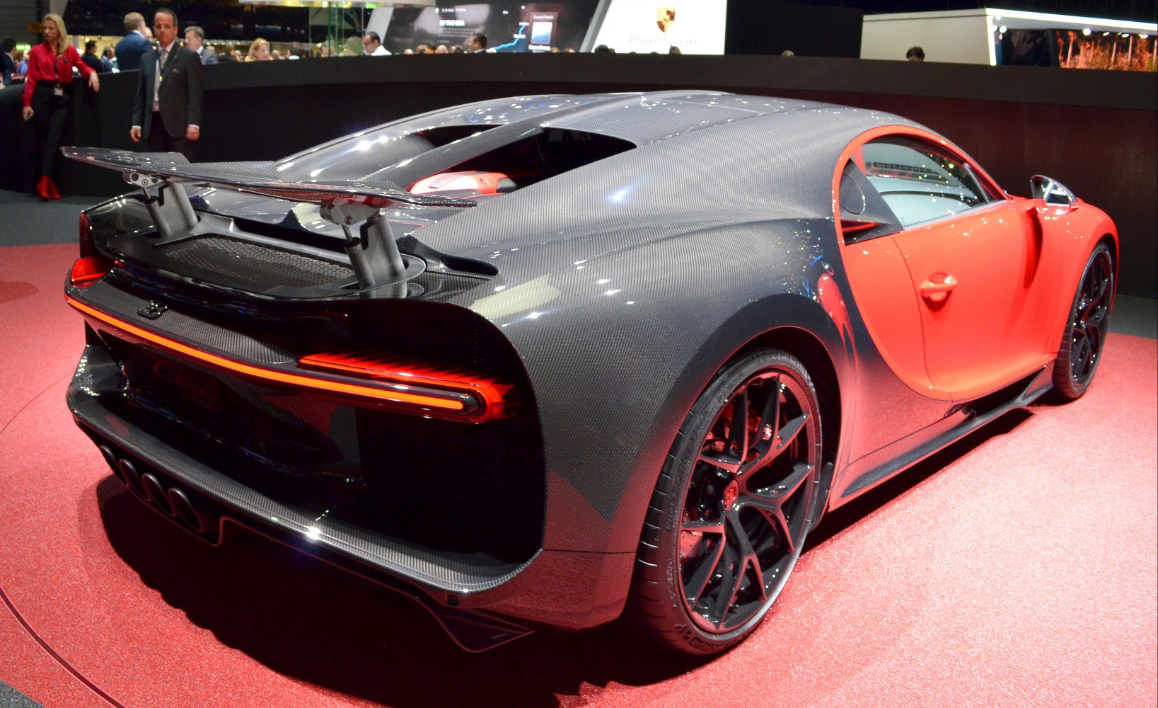 Carbon fiber rear body and raised spoiler with rear lights.