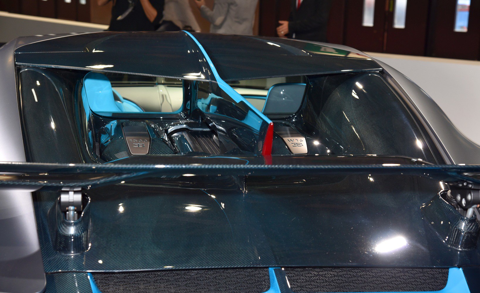 Close-up view of high-performance W16 engine and rear wing
