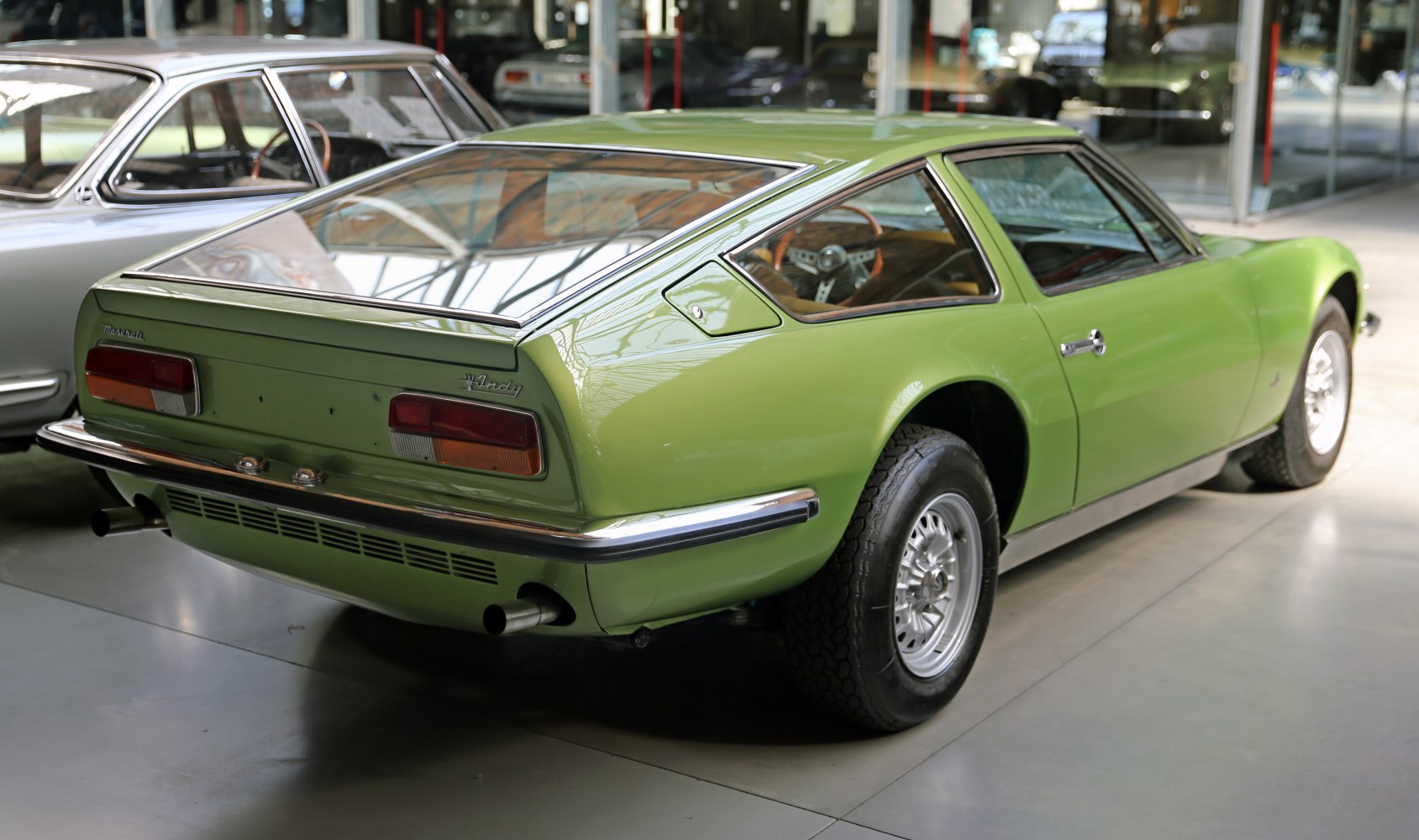Rear side view of vintage fastback with classic tail lights