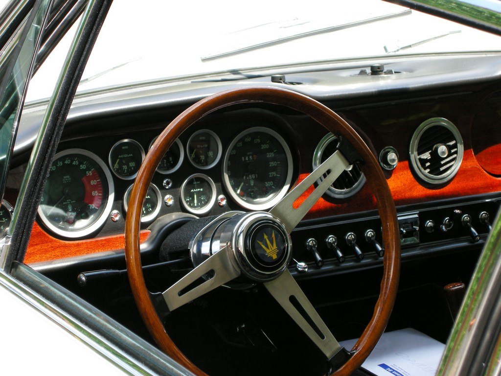 Wooden steering wheel and classic instrument cluster with gauges