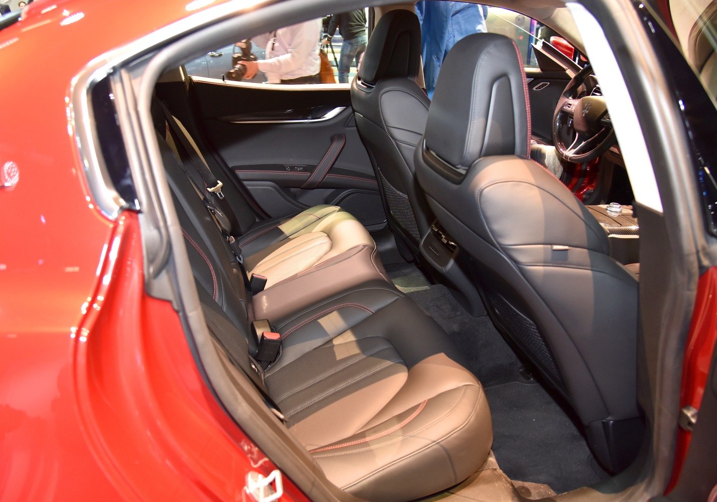 Rear seat interior with premium leather and red stitching