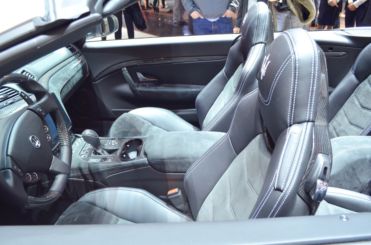 Luxury sports car interior with leather and carbon fiber trim