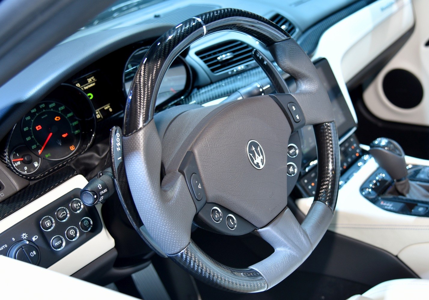Luxury steering wheel and dashboard with carbon fiber and paddle shifters