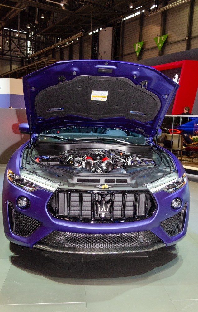 Front view of SUV with open hood showing engine bay and grille
