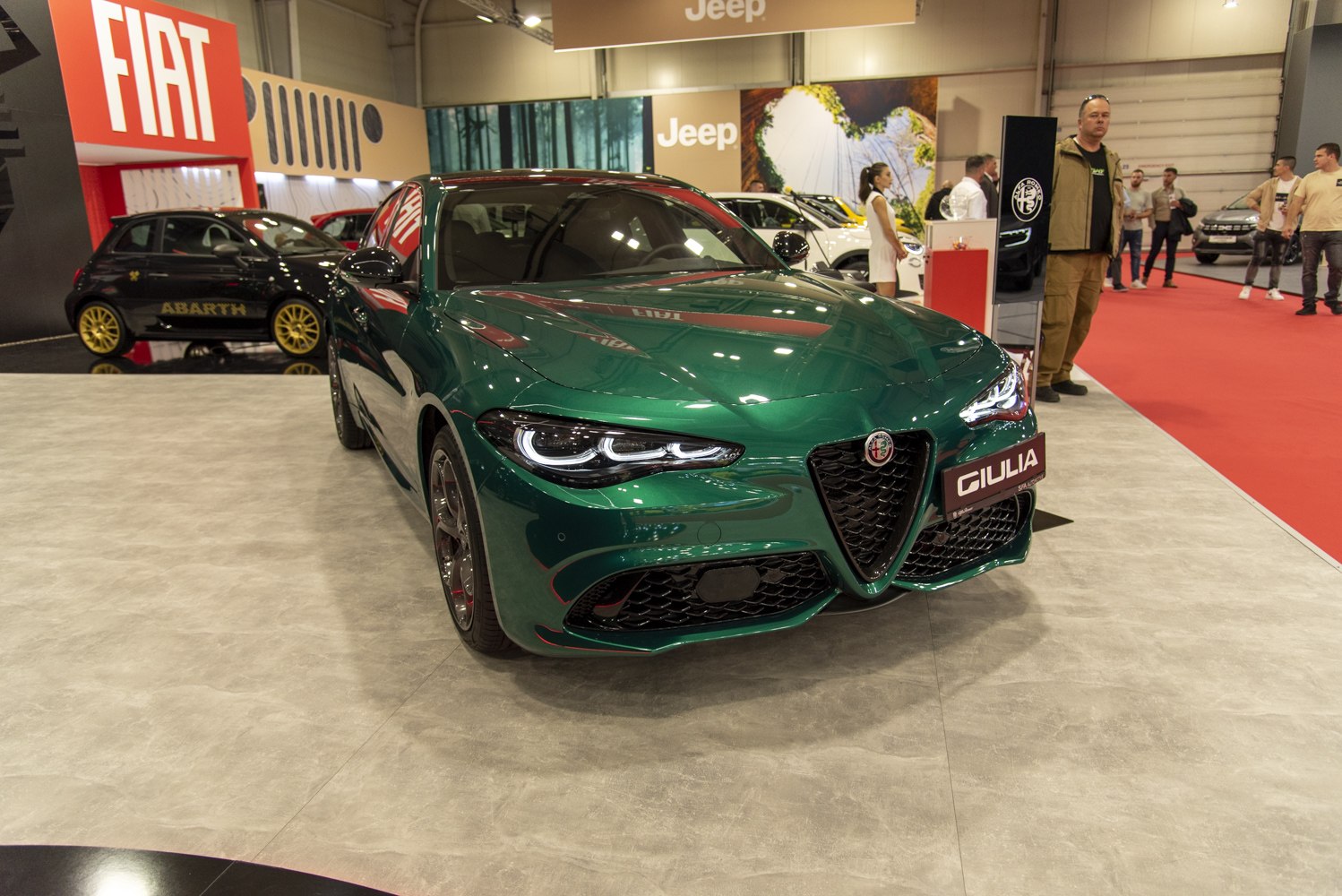 Front view of sports sedan with signature shield grille and LED headlights