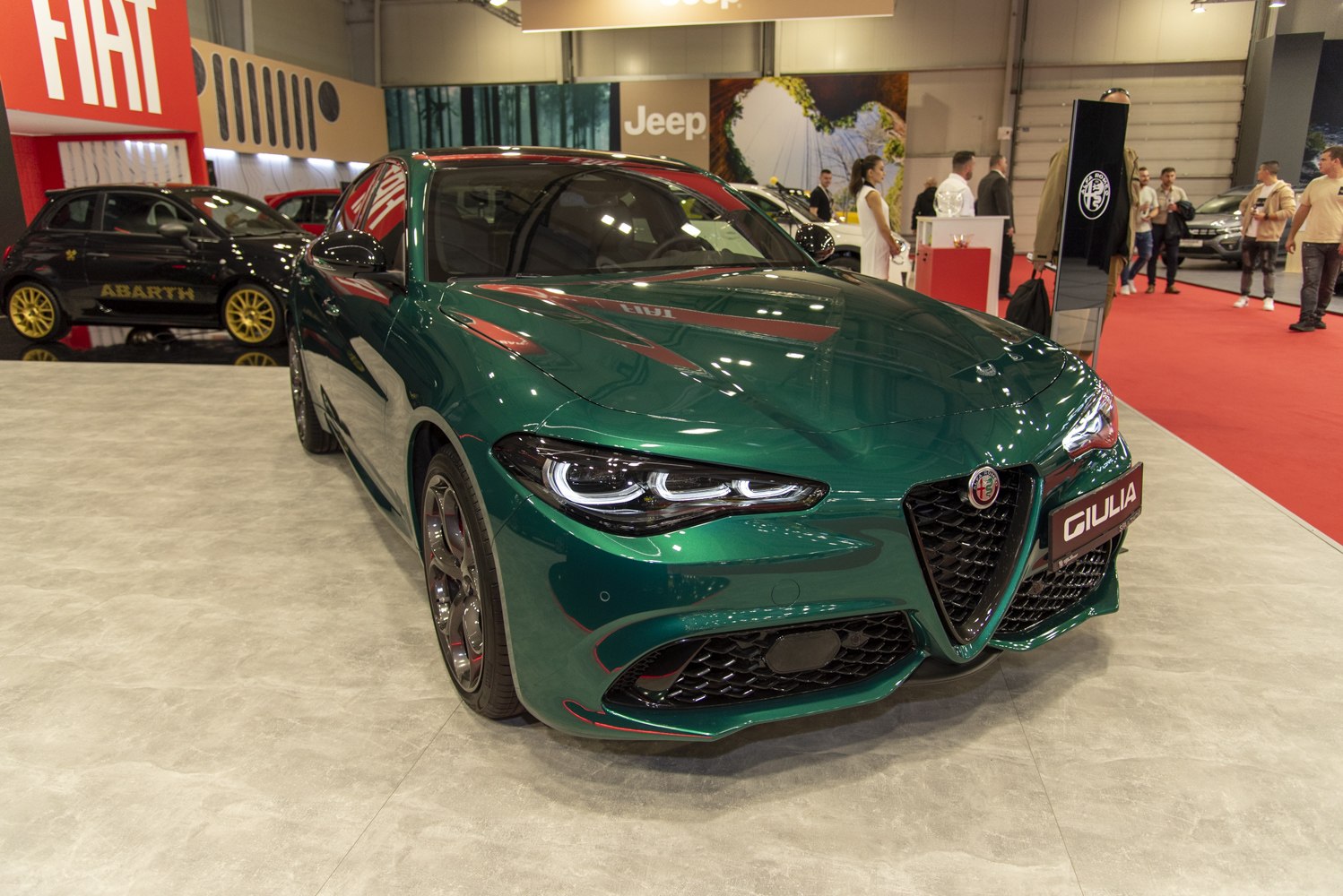 Front grille and headlights of a sleek green sports sedan