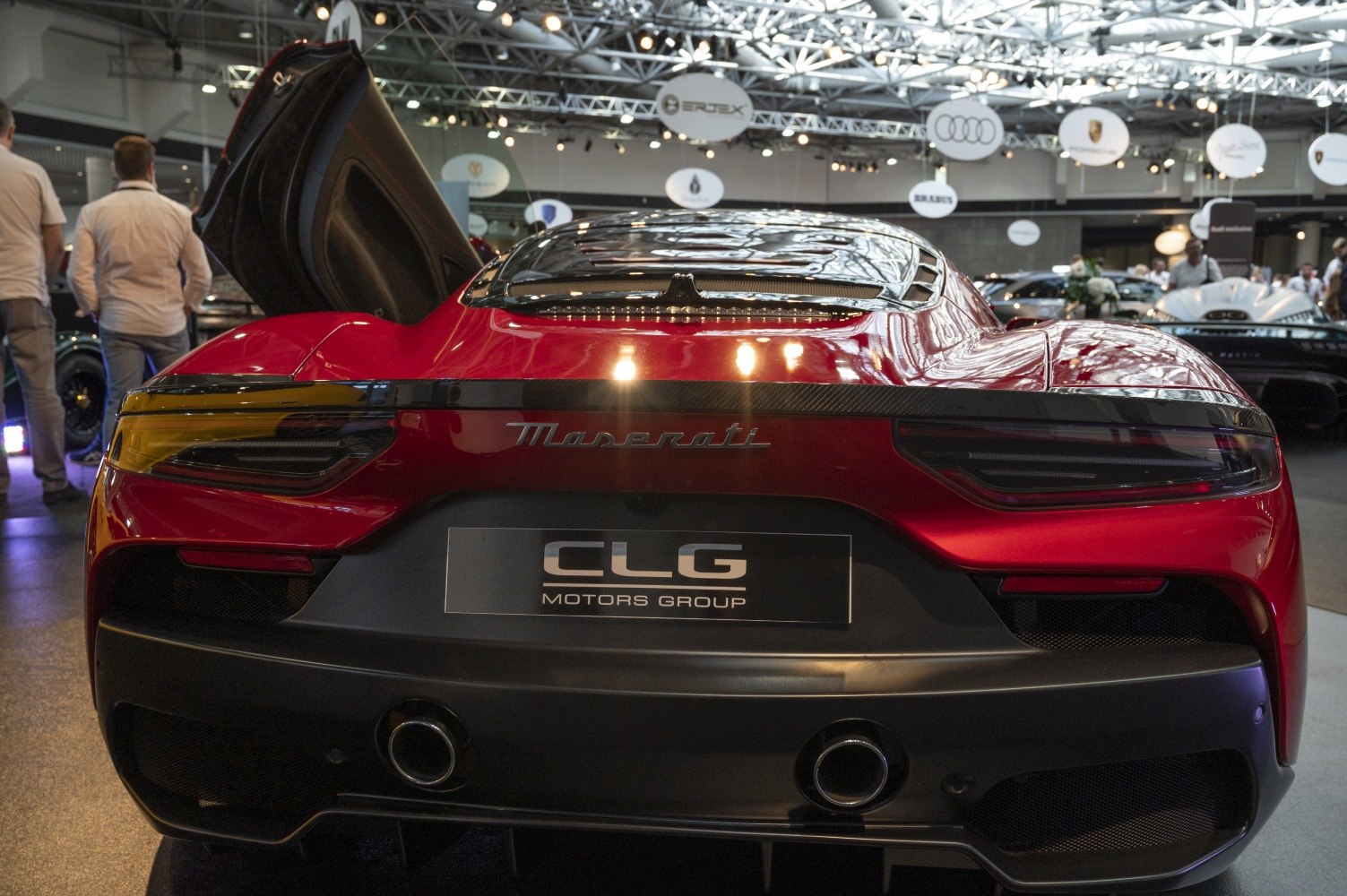 Sleek rear design and dual exhausts of a luxury sports supercar