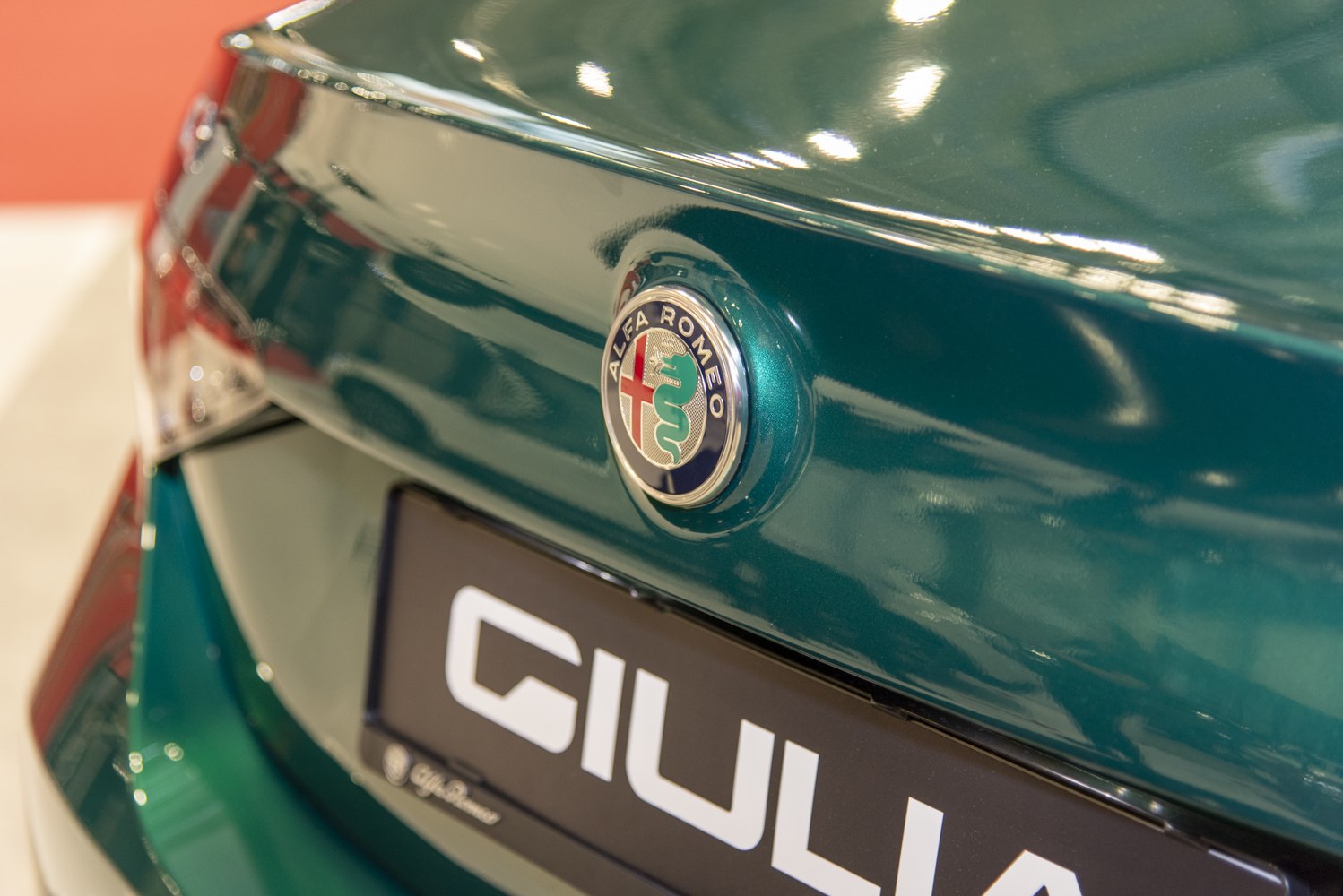 Close-up of rear emblem and badge on green trunk surface
