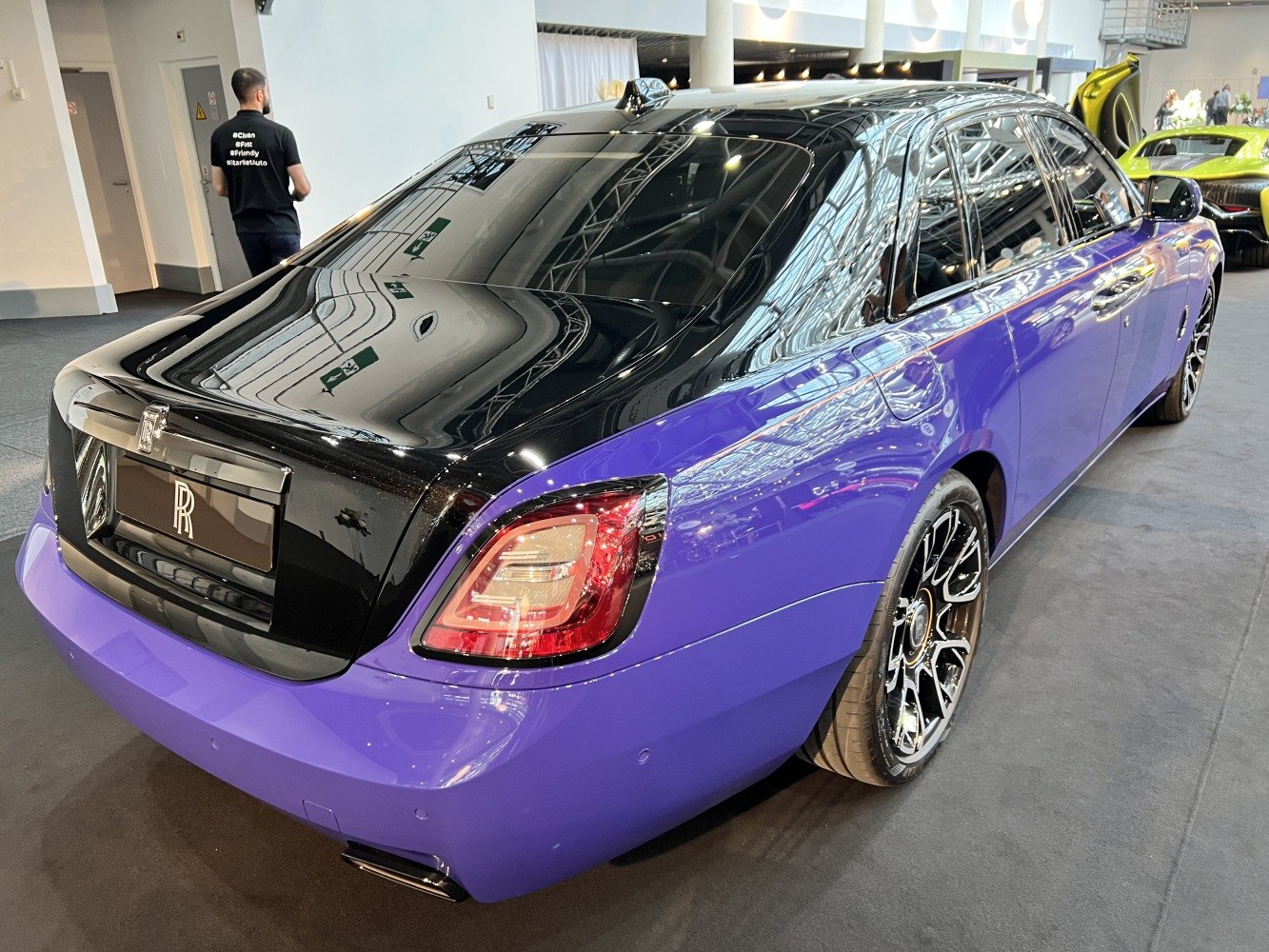 Two-tone luxury sedan rear view with distinct taillights and elegant wheels.