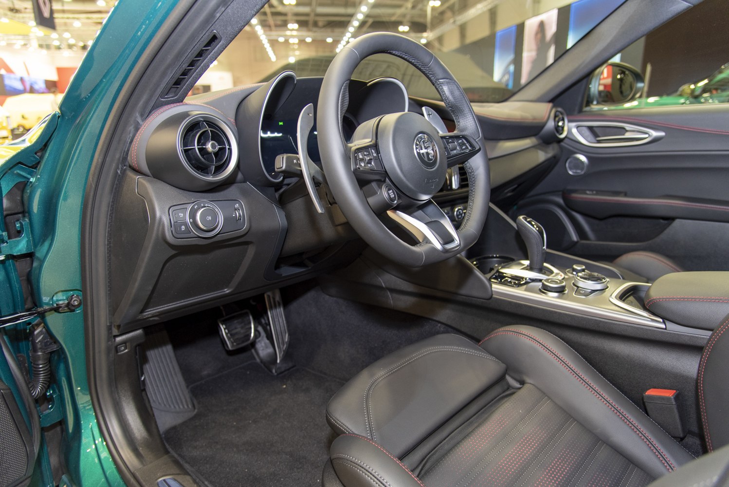 Modern steering wheel and center console with automatic gear shifter