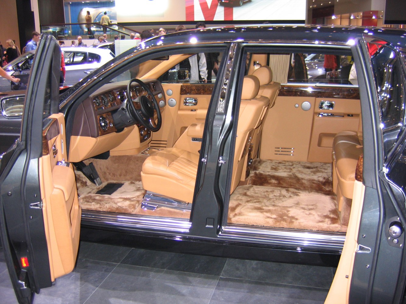 Luxurious extended wheelbase interior with premium leather and wood trim