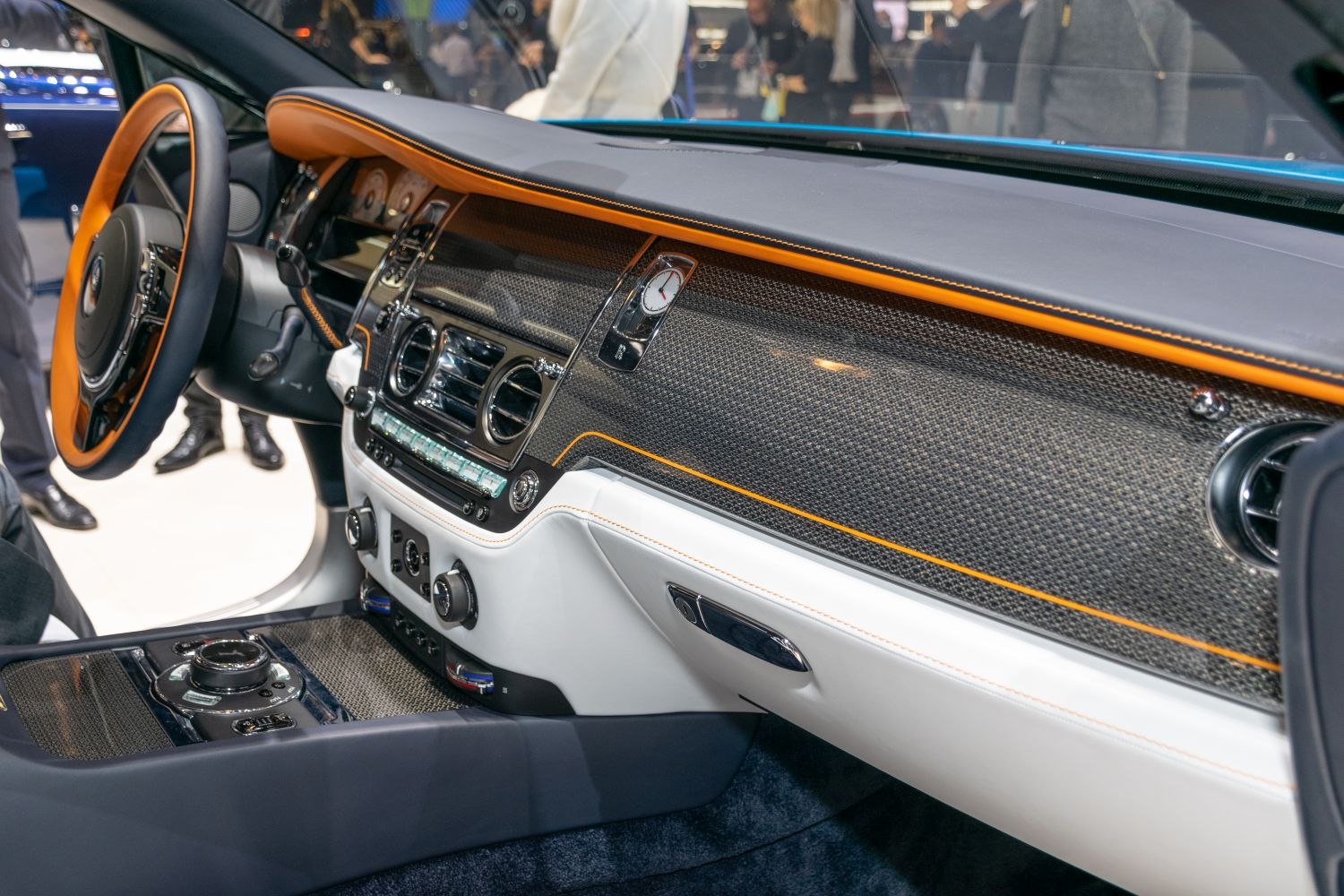 Carbon fiber dashboard and luxury interior with orange accents