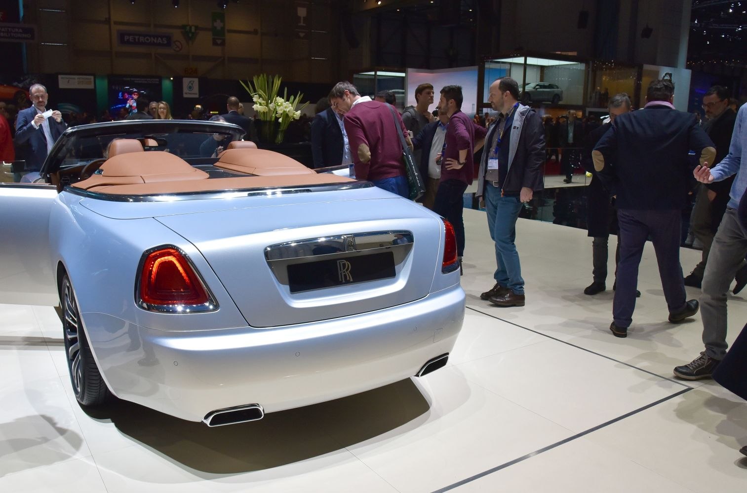 Luxury convertible rear view with open top and leather seats