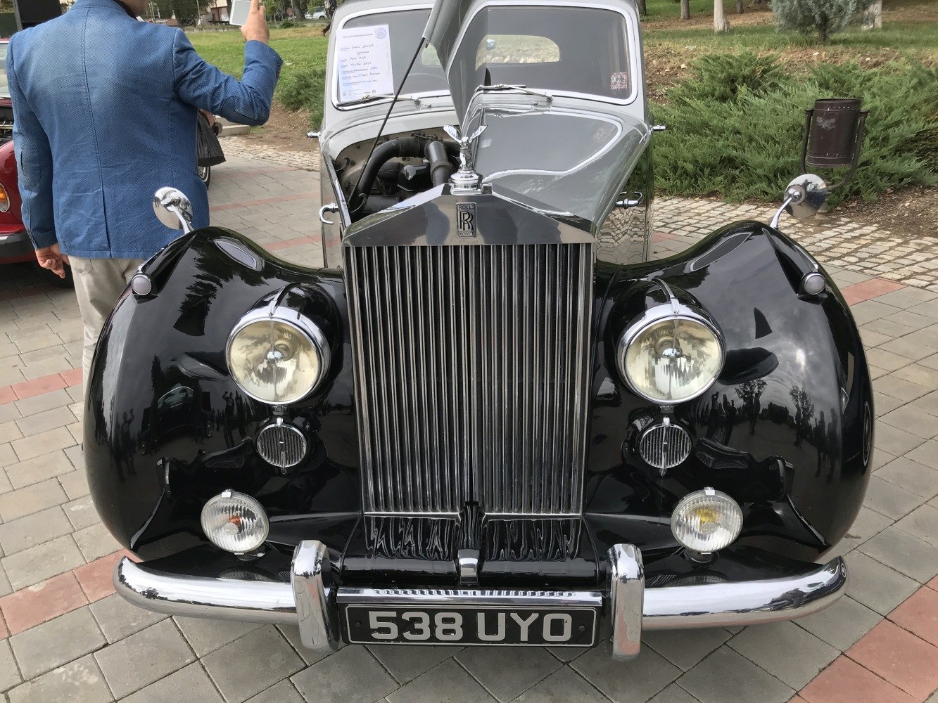 Distinctive front grille and round headlights of a vintage automobile