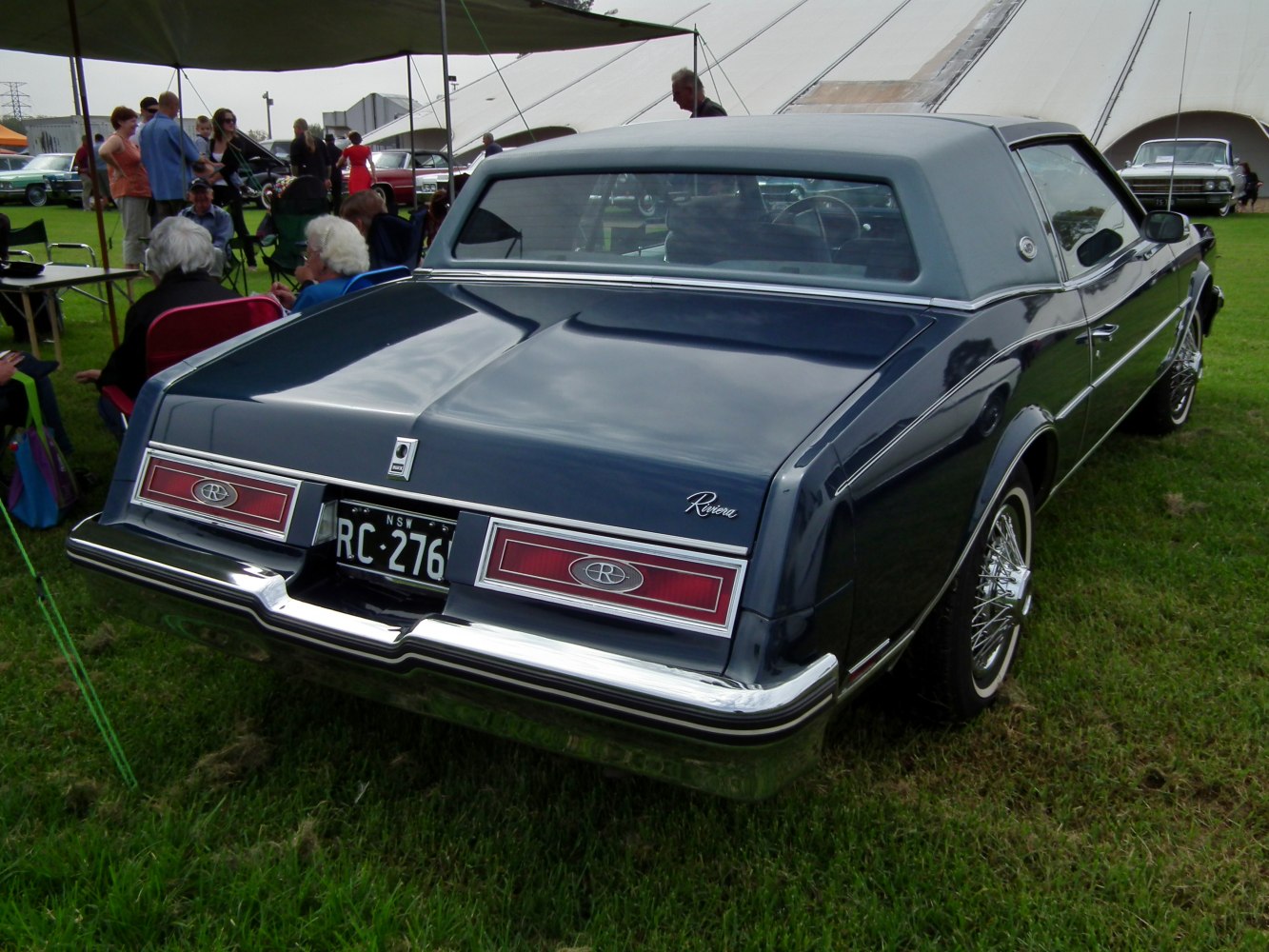 Rear view with vinyl roof, dual rectangular tail lights, and chrome bumper